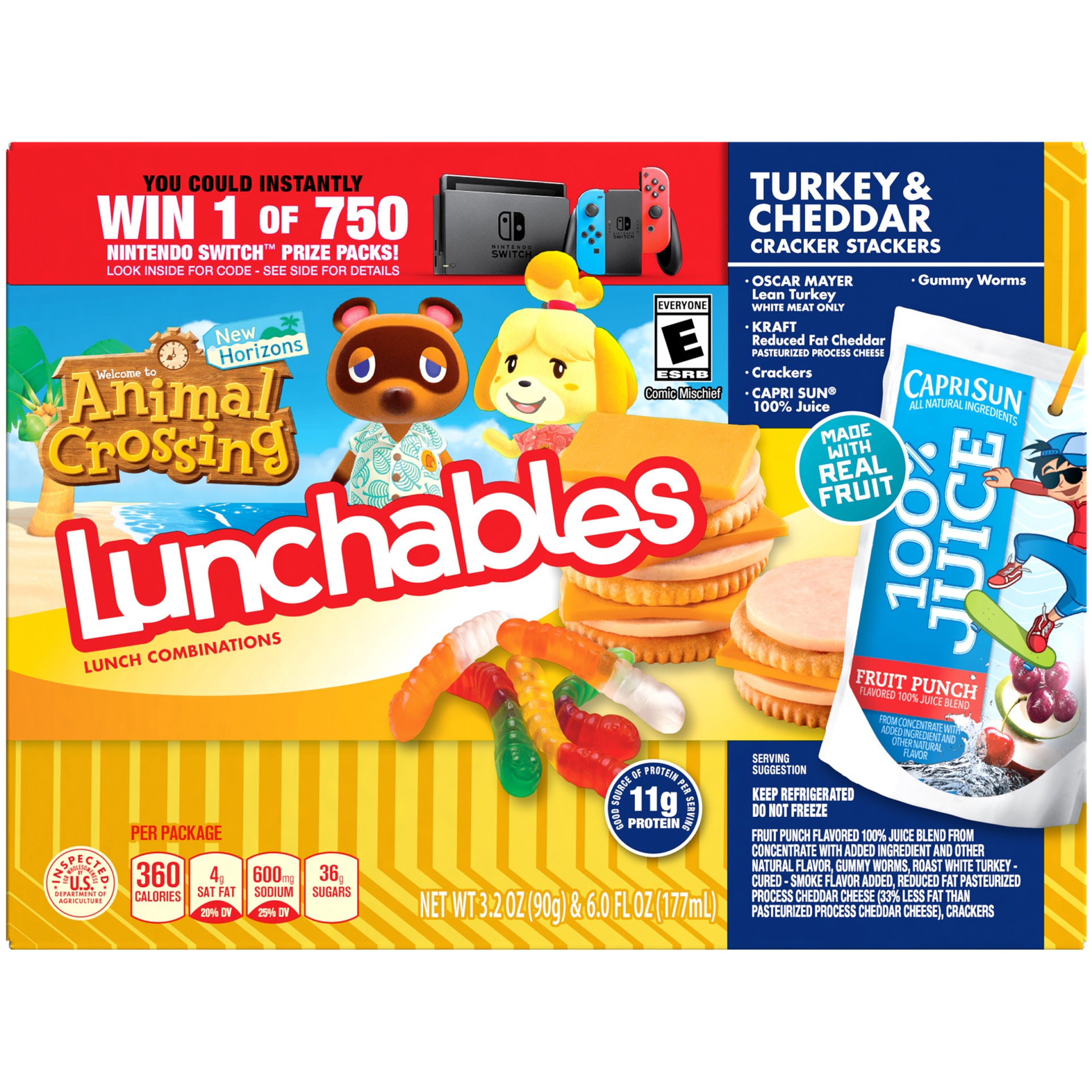 slide 4 of 6, Lunchables Turkey and Reduced Fat Cheddar Cracker Stackers with Gummy Worms and Capri Sun 100% Juice Fruit Punch, 9.2 oz Box, 