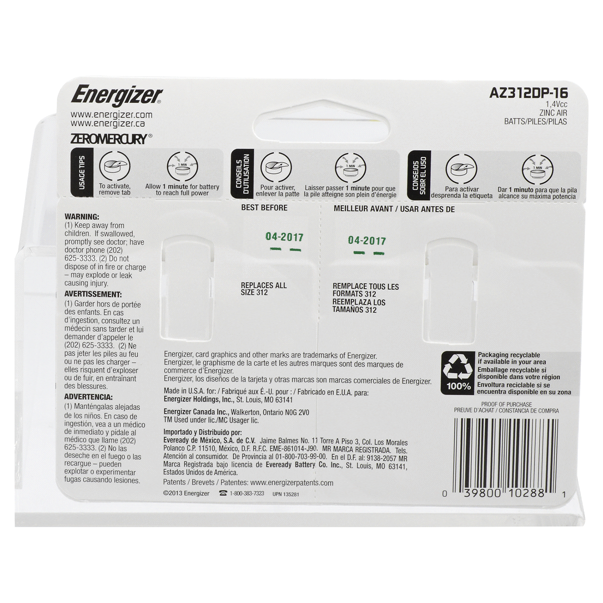 slide 2 of 2, Energizer Size 312 Hearing Aid Batteries - Brown 16pk, 16 ct