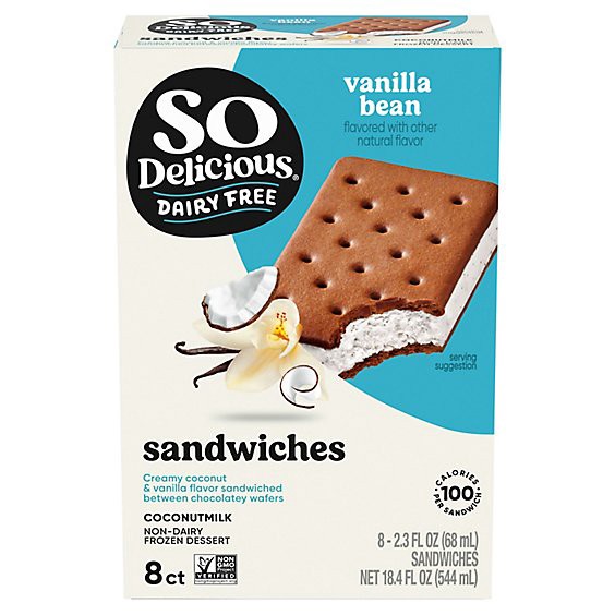 slide 1 of 3, So Delicious Dairy Free Vanilla Bean Coconut Milk Frozen Dessert Sandwiches - 8-2.3 Fl. Oz., 8 ct; 2.3 fl oz