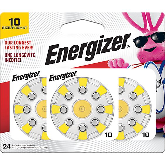 slide 1 of 1, Energizer Yellow Tab Size 10 Hearing Aid Batteries - 24 Count, 24 ct
