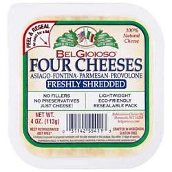 Belgioioso Natural Shredded Four Cheeses Asiago Fontina Parmesan Provolone Cup - 4 Oz