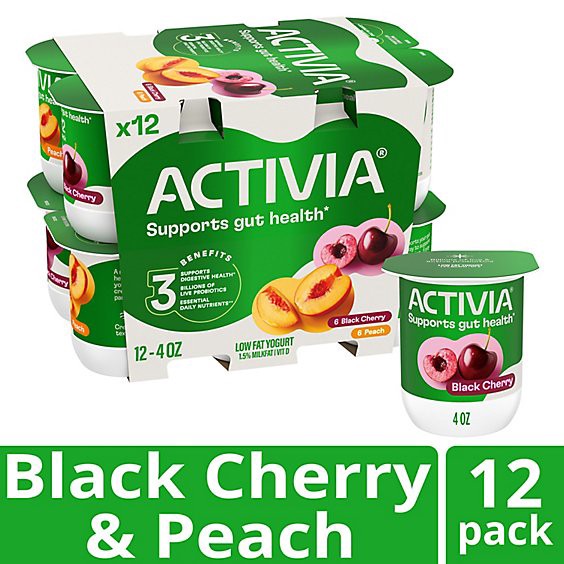 slide 1 of 1, Activia Probiotic Peach & Black Cherry Variety Pack Yogurt - 12-4 Oz, 12 ct; 4 oz