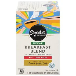 Signature Select Coffee Pods Single Serve Light Roast Breakfast Blend Decaf - 12 Count