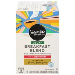 Signature Select Coffee Pods Single Serve Light Roast Breakfast Blend Decaf - 12 Count