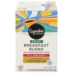 Signature Select Coffee Pods Single Serve Light Roast Breakfast Blend Decaf - 12 Count