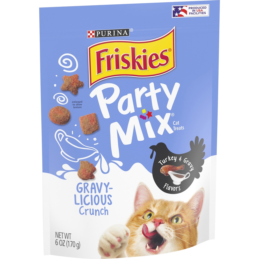 slide 2 of 9, Purina Friskies Made in USA Facilities Cat Treats, Party Mix Crunch Gravylicious Turkey & Gravy Flavors - 6 oz. Pouch, 