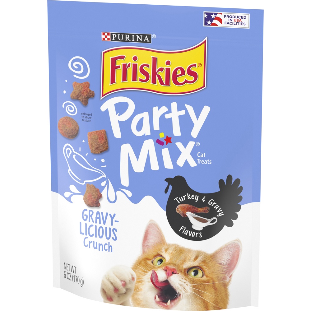 slide 3 of 9, Purina Friskies Made in USA Facilities Cat Treats, Party Mix Crunch Gravylicious Turkey & Gravy Flavors - 6 oz. Pouch, 