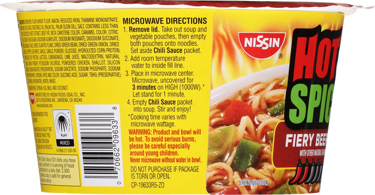 slide 2 of 13, Nissin Bowl Noodles Ramen Noodle Soup Hot & Spicy Fiery Beef Flavor - 3.28 Oz, 3.28 oz