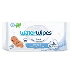 Waterwipes Sensitive+ Newborn & Baby Wipes 3-In-1 Cleans Cares Protects 99.9% Water Hypoallergenic - 60 Count