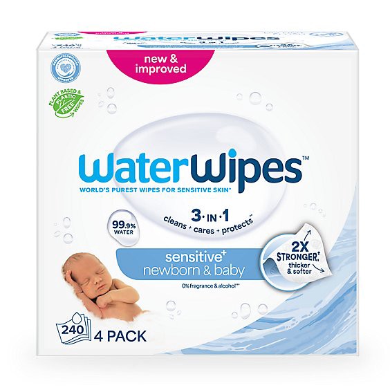 slide 1 of 5, Waterwipes Sensitive+ Newborn & Baby Wipes 3-In-1 Cleans Cares Protects 99.9% Water Hypoallergenic - 240 Count, 240 ct