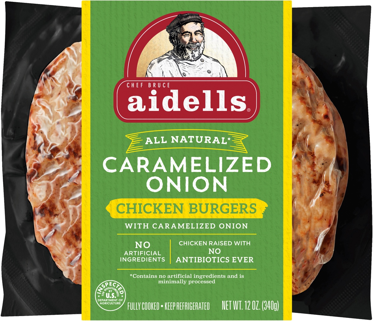 slide 4 of 5, Aidells Carmelized Onion Chicken Burgers, 12 oz