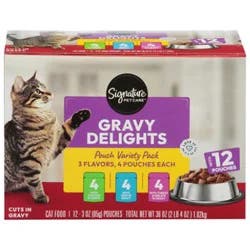 Signature Pet Care Cat Food Gravy Delights Pouch Variety Pack Box - 12-3 Oz