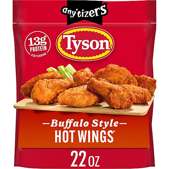slide 1 of 8, Tyson Anytizers Frozen Buffalo Style Hot Wings Bone-In Bag - 1.37 Lb, 22 oz