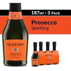 Ruffino Prosecco Doc Italian White Sparkling Wine Bottles - 3-187 Ml