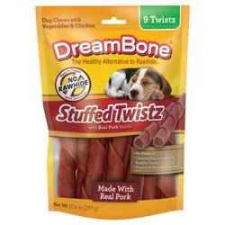 Dreambone Stuffed Twistz Vegetable, Chicken & Pork Rawhide-Free Dog Chews 9 Count Bag - 10.6 Oz