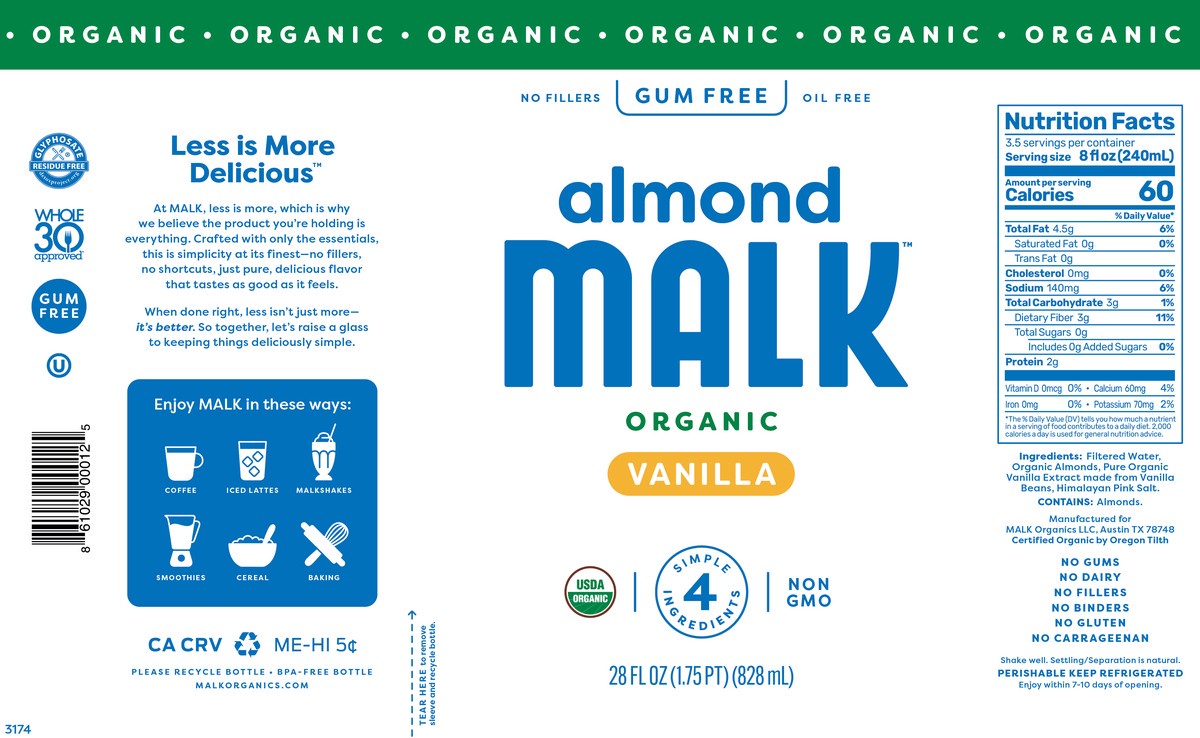 slide 7 of 8, Malk Unsweetened Vanilla Almond Milk - 28 Oz, 28 fl oz