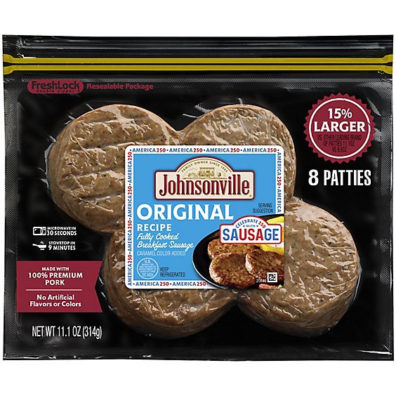 slide 1 of 1, Johnsonville Breakfast Sausage Patties Original Fully Cooked 8 Patties - 11.1 Oz, 11.1 oz