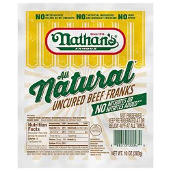 Nathan's Famous All Natural Uncured Beef Hot Dogs - 10 Oz