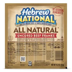 Hebrew National All Natural Uncured Beef Franks Hot Dogs -6-10.3 Oz