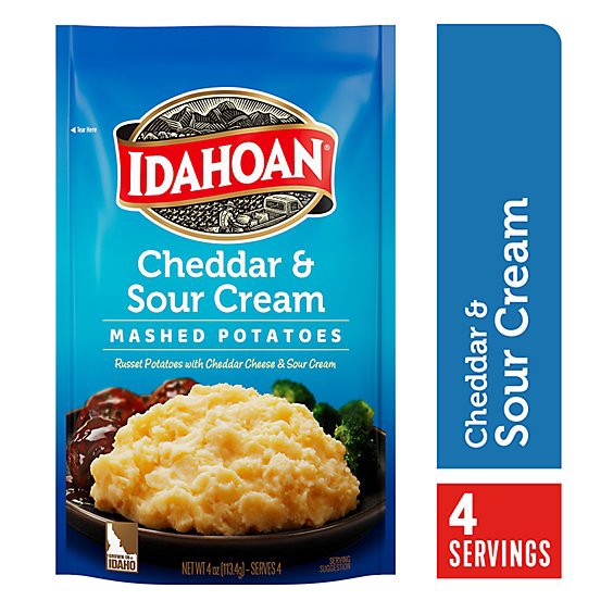 slide 1 of 1, Idahoan Cheddar & Sour Cream Mashed Potatoes Pouch - 4 Oz, 4 oz