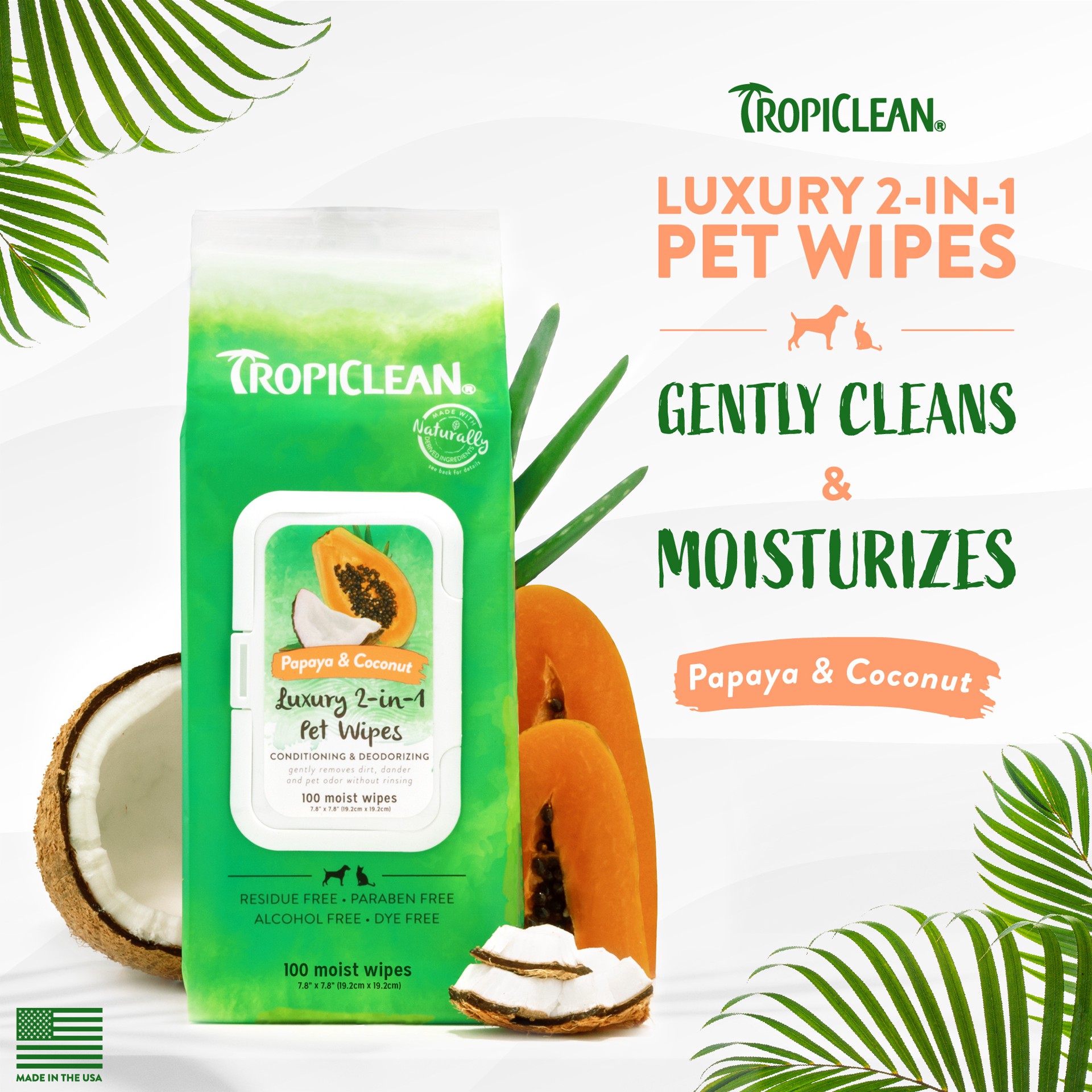 slide 10 of 10, TropiClean Papaya & Coconut Luxury 2-in-1 Pet Wipes, Count of 100, 100 ct
