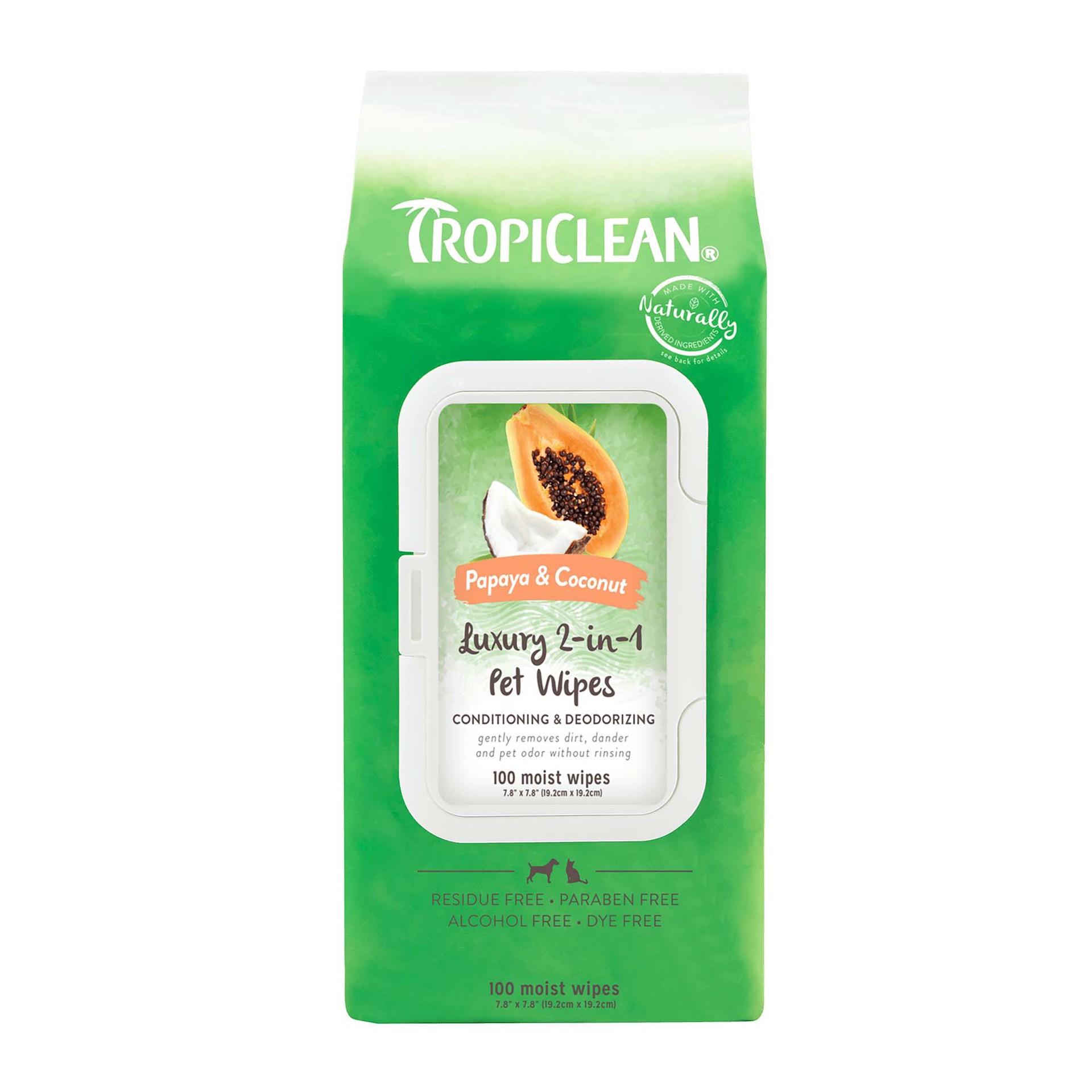 slide 1 of 10, TropiClean Papaya & Coconut Luxury 2-in-1 Pet Wipes, Count of 100, 100 ct