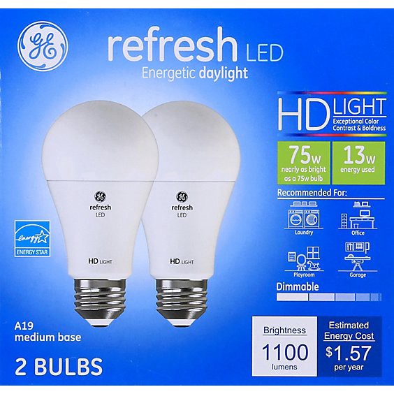 slide 1 of 1, Ge Light Bulbs Led Hd Light Daylight Refresh 75 Watts A21 Box - 2 Count, 2 ct