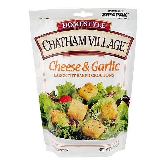 slide 1 of 12, Chatham Village Croutons Large Cut Cheese & Garlic Pouch - 5 Oz, 5 oz