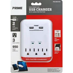 Prime Charger With Surge Protection 2 Usb Port And 3 Outlet 3.4a - Each