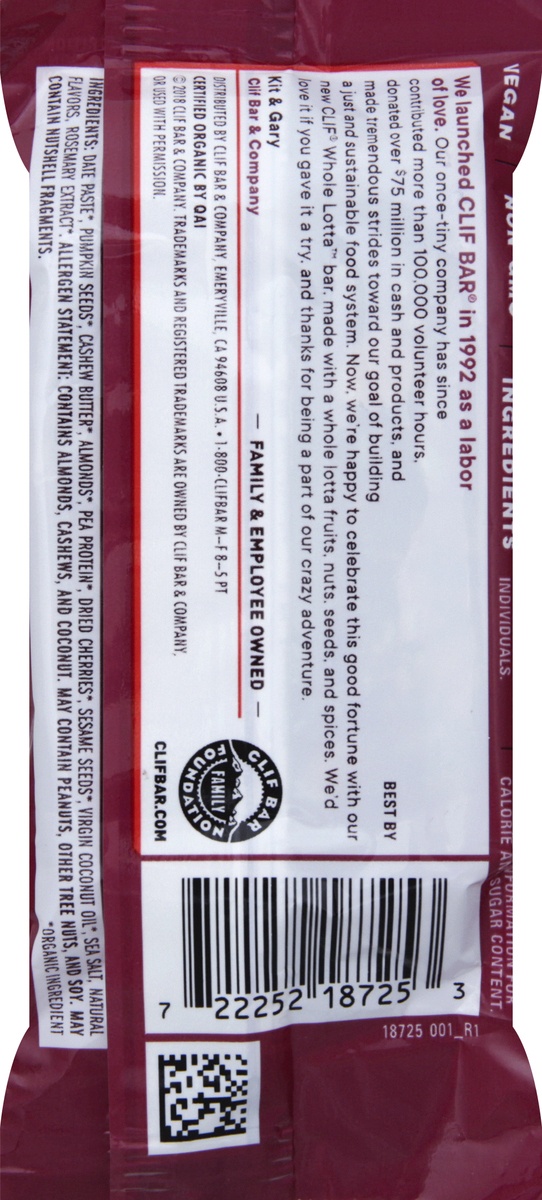 slide 5 of 8, CLIF Whole Lotta Tart Cherry Almond Fruit, Nut & Seed Bar, 1.98 oz