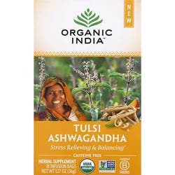 Organic India Herbal Supplement Tea Tulsi Ashwagandha 18 Count - 1.27 Oz