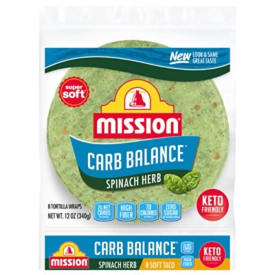 slide 1 of 4, Mission Carb Balance Spinach & Herb Flour Tortillas - Soft Taco Size - 8 Count, 8 ct