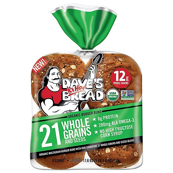slide 1 of 11, Daves Killer Bread 21 Whole Grains & Seeds Burger Buns Organic Hamburger Buns - 8 Count, 17.6 oz