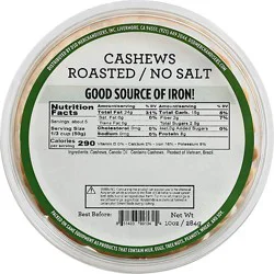 No Salt Roasted Cashews Prepackaged - 10 Oz.