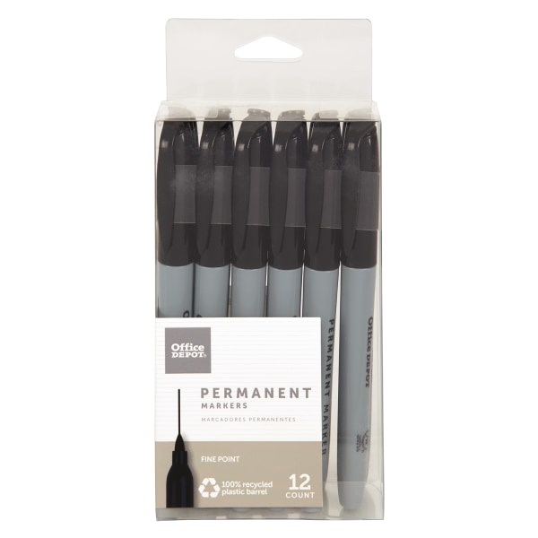 slide 1 of 2, Office Depot Brand Permanent Markers, Fine Point, 100% Recycled, Black Ink, Pack Of 12, 12 ct