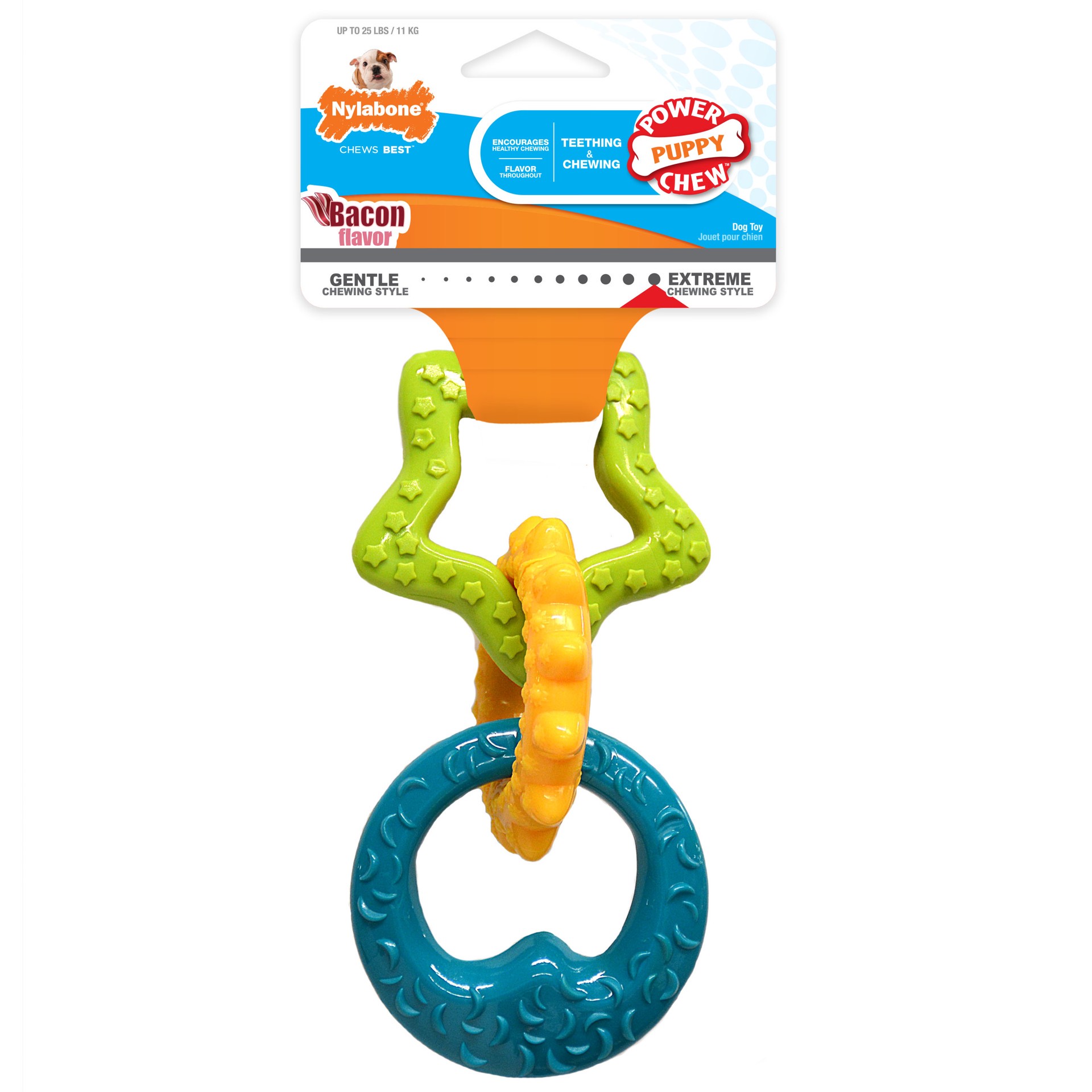 slide 1 of 10, Nylabone Puppy Power Chew Puppy Teething Rings Bacon Yellow Small/Regular - Up to 25 Ibs.(1 Count), 1 ct