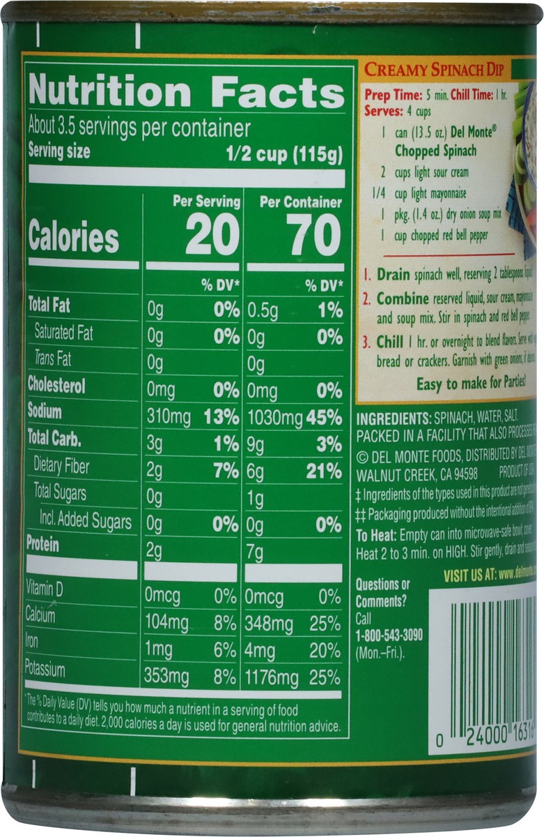 slide 8 of 13, Del Monte Canned Fresh Cut Chopped Spinach, 13.5 Ounce (Pack of 12), 13.5 oz