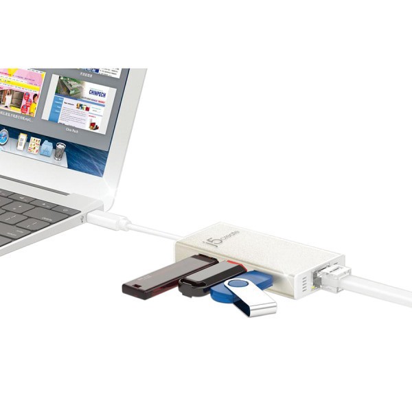 slide 7 of 8, j5create Usb Type-C Gigabit Ethernet & Hub Multi-Port Adapter, 6'', White, Jch471, 1 ct