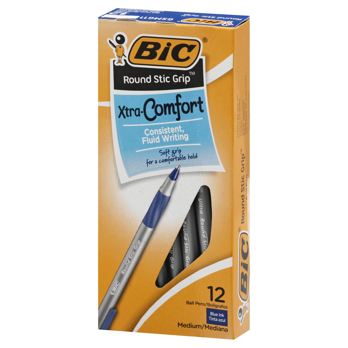 slide 7 of 11, BIC Round Stic Grip Xtra Comfort Blue Ink Medium Ball Pens 12 ea, 12 ct