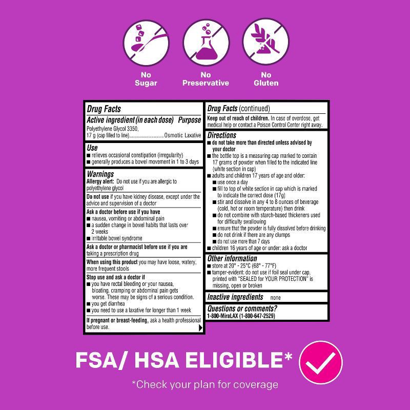 slide 4 of 6, Miralax Gentle Constipation Relief 24 Doses without Harsh Side Effects Osmotic Laxative Powder - 14.4oz, 14.4 oz