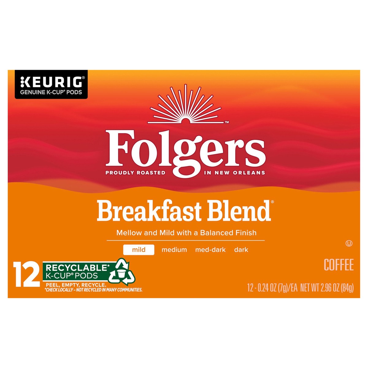 slide 1 of 7, Folgers Breakfast Blend Keurig K-Cup Pods, Mild Roast Coffee, 12 Count, 12 ct
