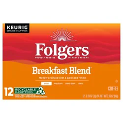 Folgers Breakfast Blend Keurig K-Cup Pods, Mild Roast Coffee, 12 Count