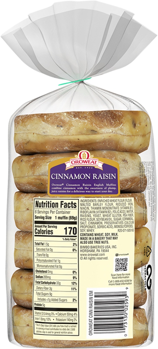 slide 4 of 9, Oroweat Cinnamon Raisin Sliced English Muffins, 6 ct