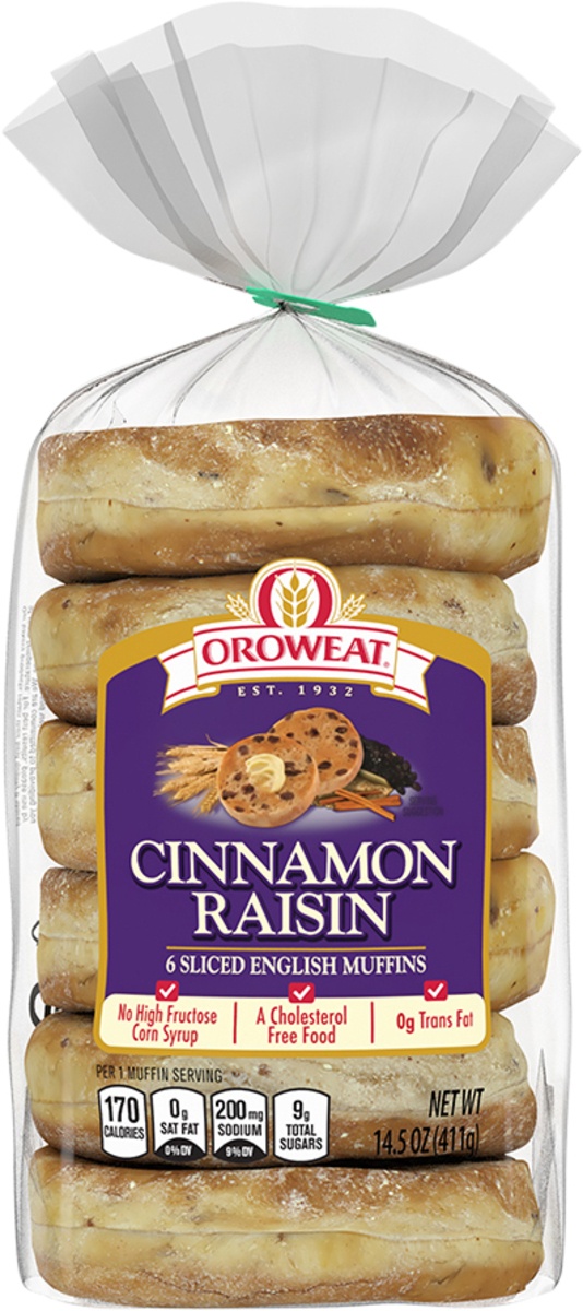 slide 6 of 9, Oroweat Cinnamon Raisin Sliced English Muffins, 6 ct