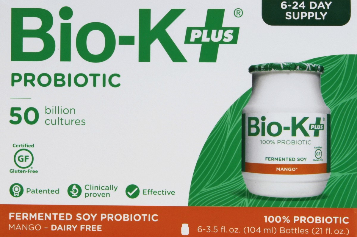 slide 1 of 5, Bio K Plus Probiotic, Fermented Rice, Mango 6-3.5 Oz, 3.5 fl oz