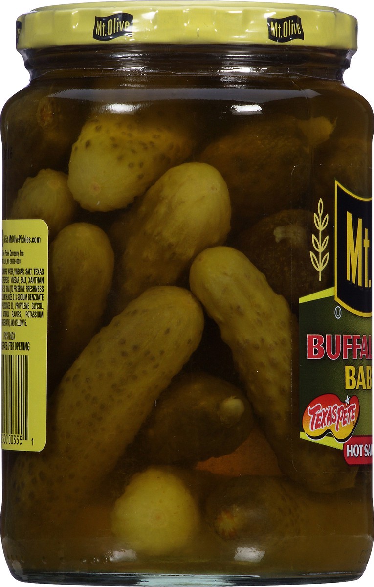 slide 7 of 7, Mt. Olive Buffalo Kosher Baby Dills Hot Sauce Flavored Pickles Fresh Pack 24 fl. oz. Jar, 24 fl oz