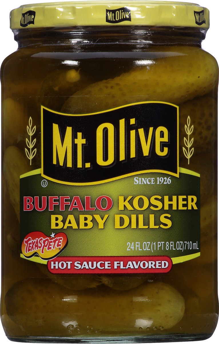 slide 6 of 7, Mt. Olive Buffalo Kosher Baby Dills Hot Sauce Flavored Pickles Fresh Pack 24 fl. oz. Jar, 24 fl oz