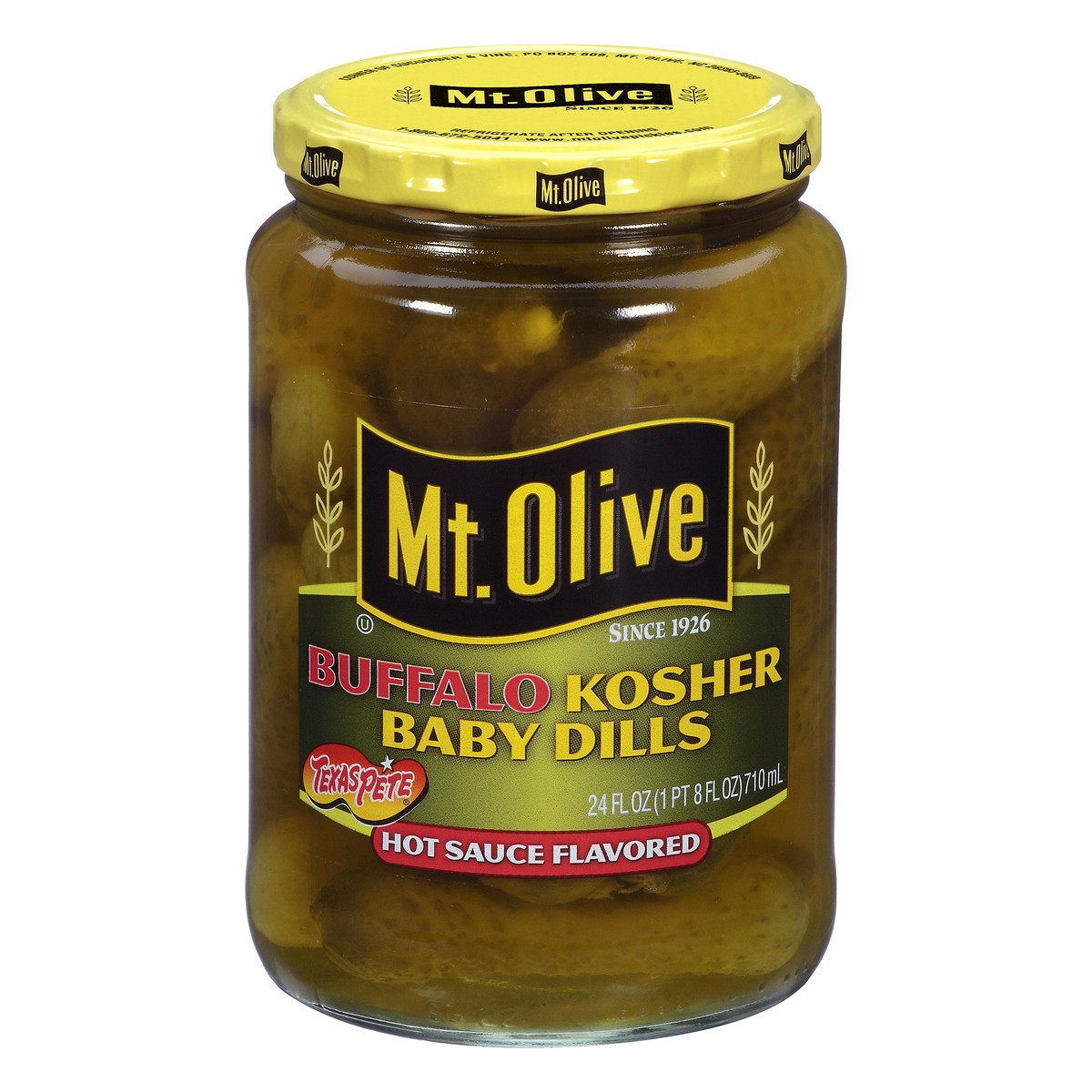 slide 1 of 7, Mt. Olive Buffalo Kosher Baby Dills Hot Sauce Flavored Pickles Fresh Pack 24 fl. oz. Jar, 24 fl oz