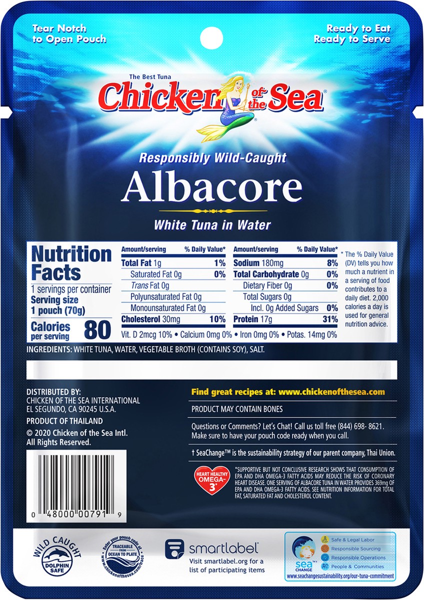 slide 6 of 6, Chicken of the Sea Sustainably Wild-Caught Albacore Tuna in Water Pouch 2.5 ounces, 2.5 oz