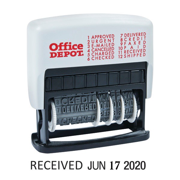 slide 1 of 2, Office Depot Brand Self-Inking 12-In-1 Micro Message Date Stamp Dater, 1-7/8'' X 3/16'' Impression, Black Ink, 1 ct